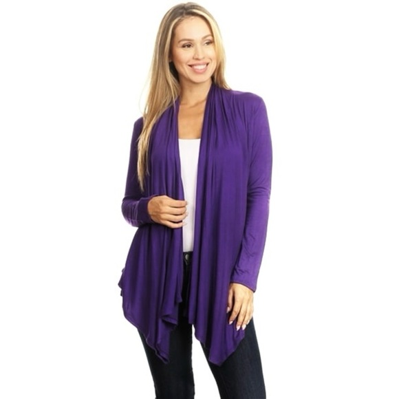 JONES STUDIO Long Sleeve Drape Front Open Silky Cardigan Purple Womens Size M - Picture 7 of 7